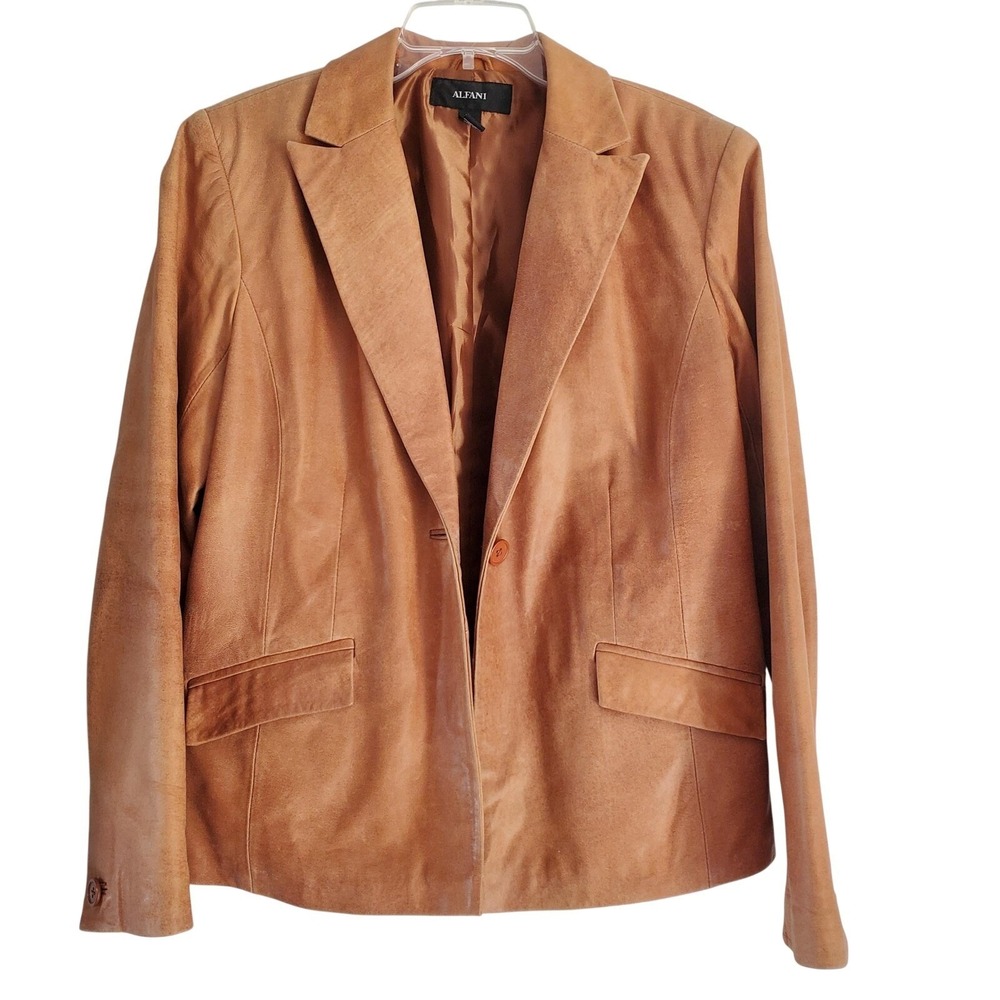 Alfani Blazer Women Large Brown Leather One Button Lined Work Jacket Career Soft